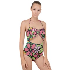 Flowers-27 Scallop Top Cut Out Swimsuit