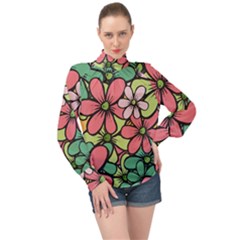 Flowers-27 High Neck Long Sleeve Chiffon Top