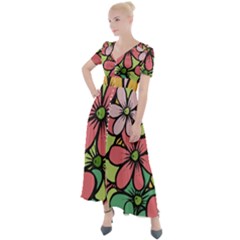 Flowers-27 Button Up Short Sleeve Maxi Dress