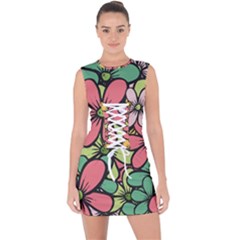 Flowers-27 Lace Up Front Bodycon Dress