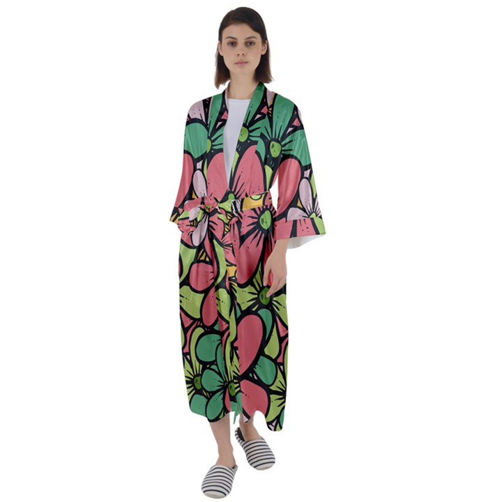 Flowers-27 Maxi Satin Kimono