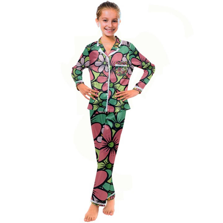 Flowers-27 Kid s Satin Long Sleeve Pajamas Set