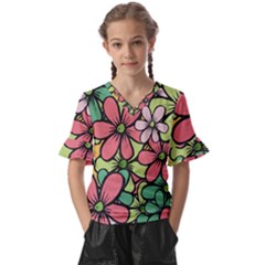 Flowers-27 Kids  V-neck Horn Sleeve Blouse