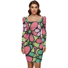 Flowers-27 Women Long Sleeve Ruched Stretch Jersey Dress