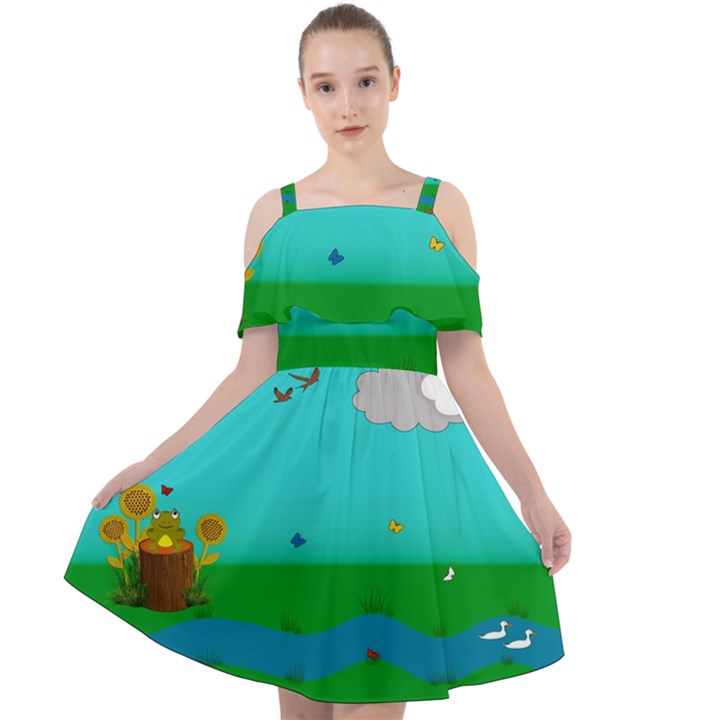 Frog Log Stream River Wallpaper Cut Out Shoulders Chiffon Dress