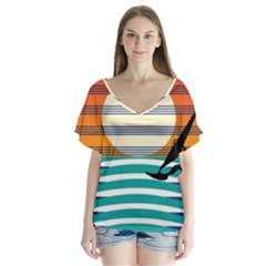 Waves Windsurfer Sun V-neck Flutter Sleeve Top by Ravend