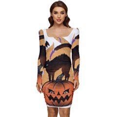 Halloween Women Long Sleeve Ruched Stretch Jersey Dress