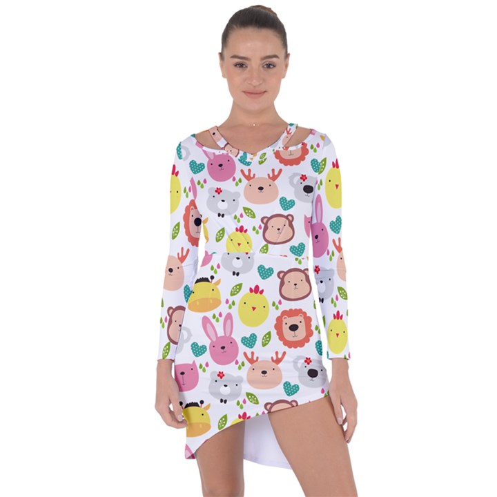 Cute Animals Cartoon Seamless Background Asymmetric Cut-Out Shift Dress