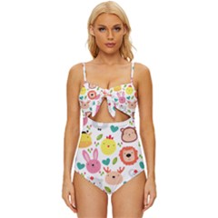 Cute Animals Cartoon Seamless Background Knot Front One-piece Swimsuit by danenraven