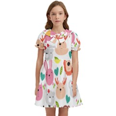 Cute Animals Cartoon Seamless Background Kids  Bow Tie Puff Sleeve Dress by danenraven