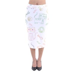 Cats And Food Doodle Seamless Pattern Velvet Midi Pencil Skirt by danenraven