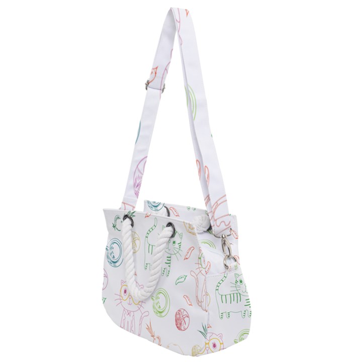 Cats And Food Doodle Seamless Pattern Rope Handles Shoulder Strap Bag