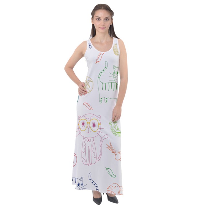 Cats And Food Doodle Seamless Pattern Sleeveless Velour Maxi Dress