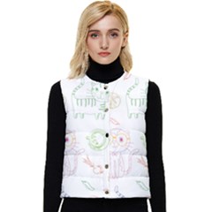 Cats And Food Doodle Seamless Pattern Women s Short Button Up Puffer Vest by danenraven