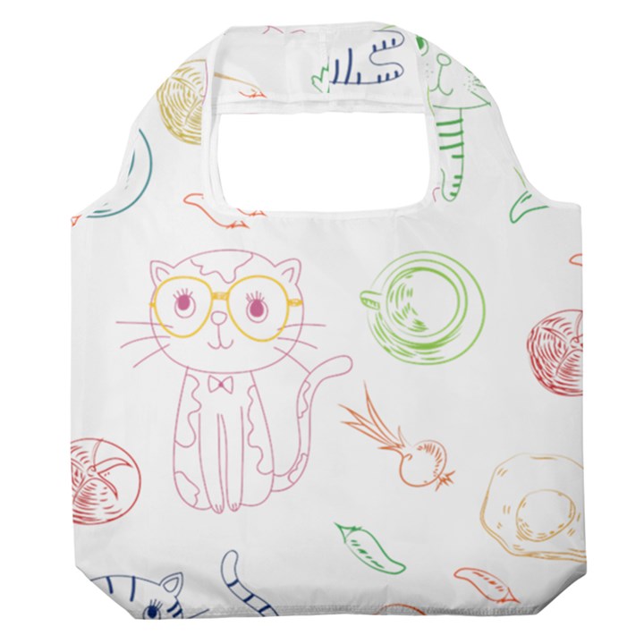 Cats And Food Doodle Seamless Pattern Premium Foldable Grocery Recycle Bag