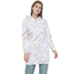 Weather Umbrella Rain Cloud Seamless Doodle Pattern Women s Long Oversized Pullover Hoodie by danenraven