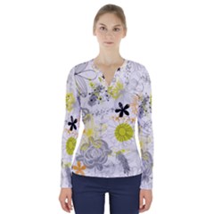 Doodle Flowers Hand Drawing Pattern V-neck Long Sleeve Top by danenraven