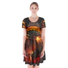 Red And Black Dragon Fire Short Sleeve V-neck Flare Dress by danenraven