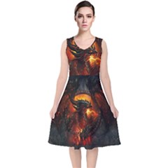 Red And Black Dragon Fire V-neck Midi Sleeveless Dress  by danenraven