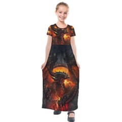 Red And Black Dragon Fire Kids  Short Sleeve Maxi Dress by danenraven