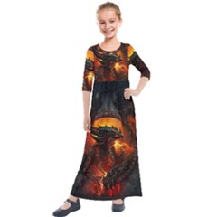 Red And Black Dragon Fire Kids  Quarter Sleeve Maxi Dress by danenraven