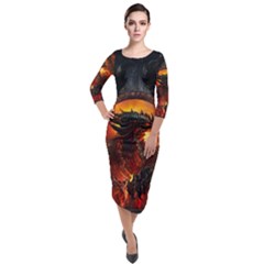 Red And Black Dragon Fire Quarter Sleeve Midi Velour Bodycon Dress by danenraven