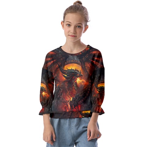 Red And Black Dragon Fire Kids  Cuff Sleeve Top by danenraven