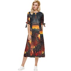 Red And Black Dragon Fire Bow Sleeve Chiffon Midi Dress by danenraven