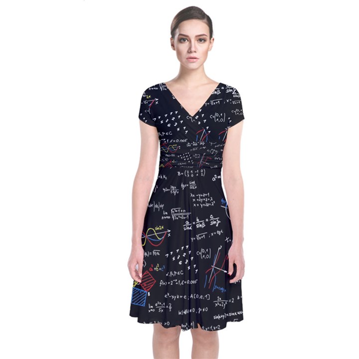 Black Background Text Overlay  Mathematics Formula Short Sleeve Front Wrap Dress