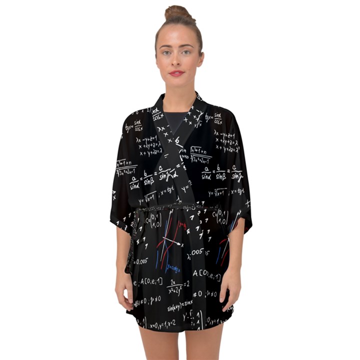 Black Background Text Overlay  Mathematics Formula Half Sleeve Chiffon Kimono