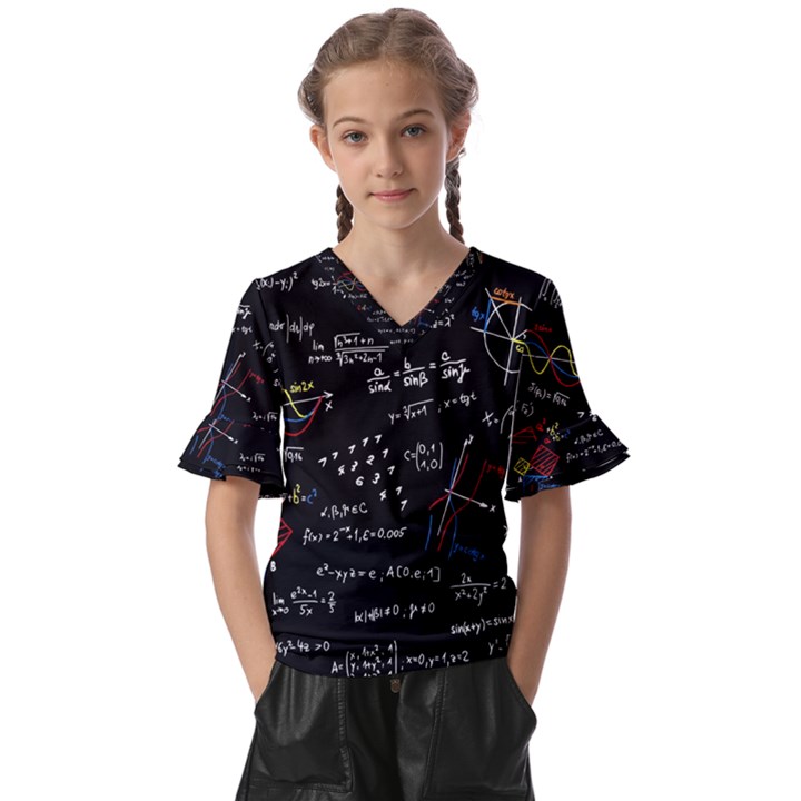 Black Background Text Overlay  Mathematics Formula Kids  V-Neck Horn Sleeve Blouse