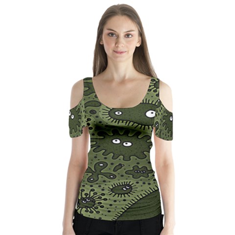 Green Bacteria Digital Wallpaper Eyes Look Biology Pattern Butterfly Sleeve Cutout Tee  by danenraven