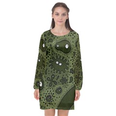 Green Bacteria Digital Wallpaper Eyes Look Biology Pattern Long Sleeve Chiffon Shift Dress  by danenraven