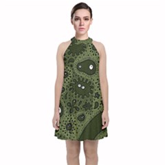 Green Bacteria Digital Wallpaper Eyes Look Biology Pattern Velvet Halter Neckline Dress  by danenraven