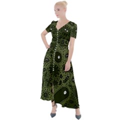 Green Bacteria Digital Wallpaper Eyes Look Biology Pattern Button Up Short Sleeve Maxi Dress by danenraven