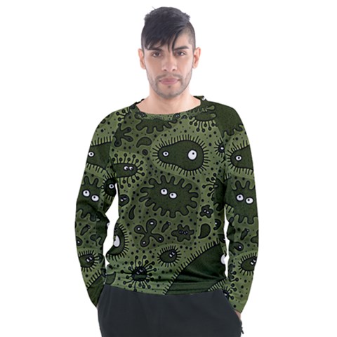 Green Bacteria Digital Wallpaper Eyes Look Biology Pattern Men s Long Sleeve Raglan Tee by danenraven