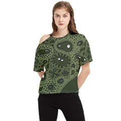 Green Bacteria Digital Wallpaper Eyes Look Biology Pattern One Shoulder Cut Out Tee by danenraven