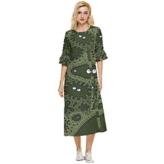 Green Bacteria Digital Wallpaper Eyes Look Biology Pattern Double Cuff Midi Dress by danenraven