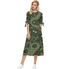 Green Bacteria Digital Wallpaper Eyes Look Biology Pattern Bow Sleeve Chiffon Midi Dress by danenraven