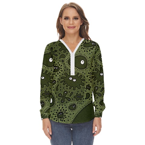 Green Bacteria Digital Wallpaper Eyes Look Biology Pattern Zip Up Long Sleeve Blouse by danenraven