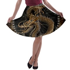 Gold And Silver Dragon Illustration Chinese Dragon Animal A-line Skater Skirt by danenraven