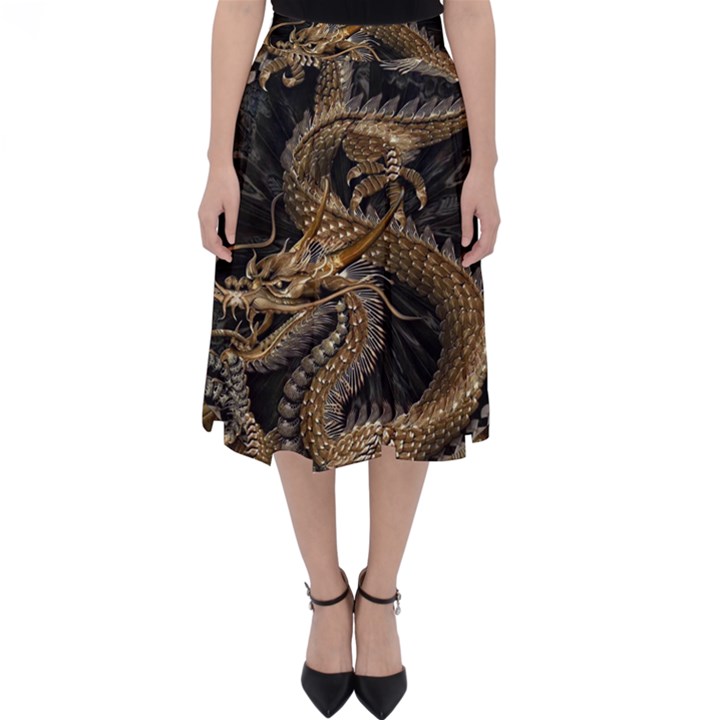 Gold And Silver Dragon Illustration Chinese Dragon Animal Classic Midi Skirt