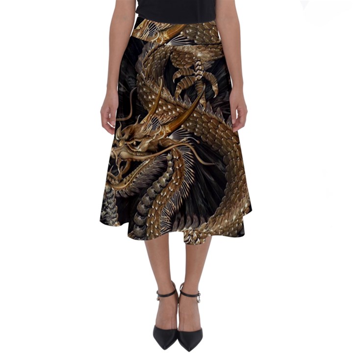 Gold And Silver Dragon Illustration Chinese Dragon Animal Perfect Length Midi Skirt