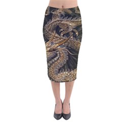 Gold And Silver Dragon Illustration Chinese Dragon Animal Velvet Midi Pencil Skirt by danenraven