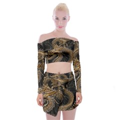 Gold And Silver Dragon Illustration Chinese Dragon Animal Off Shoulder Top With Mini Skirt Set by danenraven