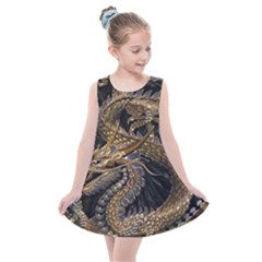 Gold And Silver Dragon Illustration Chinese Dragon Animal Kids  Summer Dress by danenraven