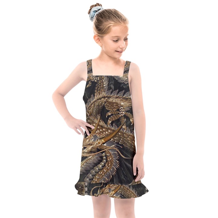 Gold And Silver Dragon Illustration Chinese Dragon Animal Kids  Overall Dress