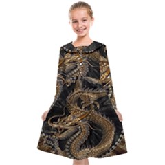 Gold And Silver Dragon Illustration Chinese Dragon Animal Kids  Midi Sailor Dress by danenraven