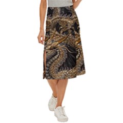 Gold And Silver Dragon Illustration Chinese Dragon Animal Midi Panel Skirt by danenraven