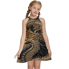 Gold And Silver Dragon Illustration Chinese Dragon Animal Kids  Halter Collar Waist Tie Chiffon Dress by danenraven